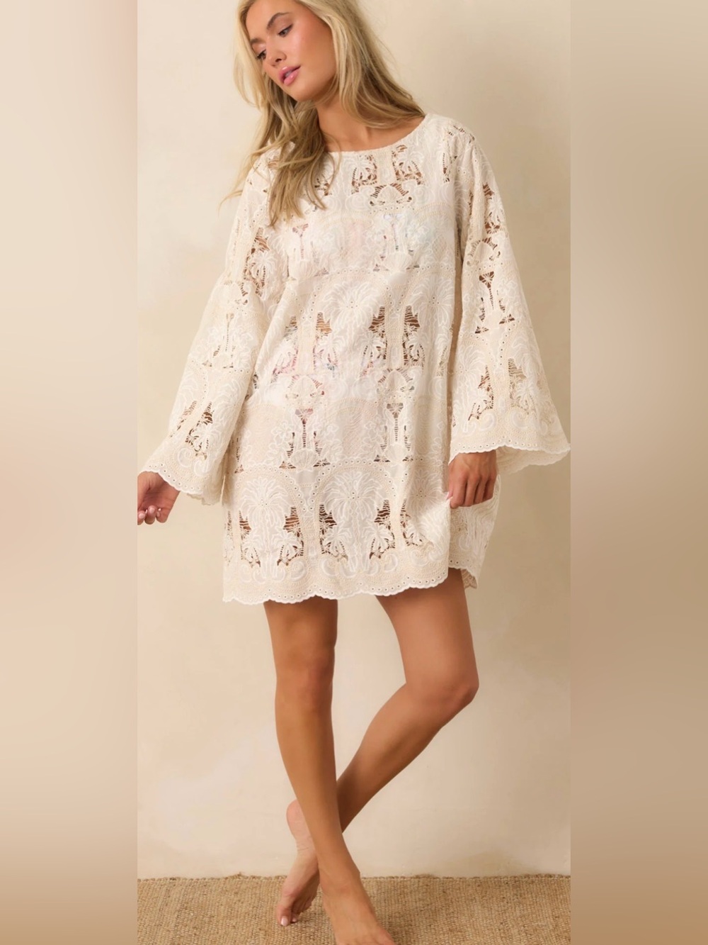 Paradisa Sea La Vie L Ivory Embroidered Lace Dress Cover Up Wide Sleeve NWT $189